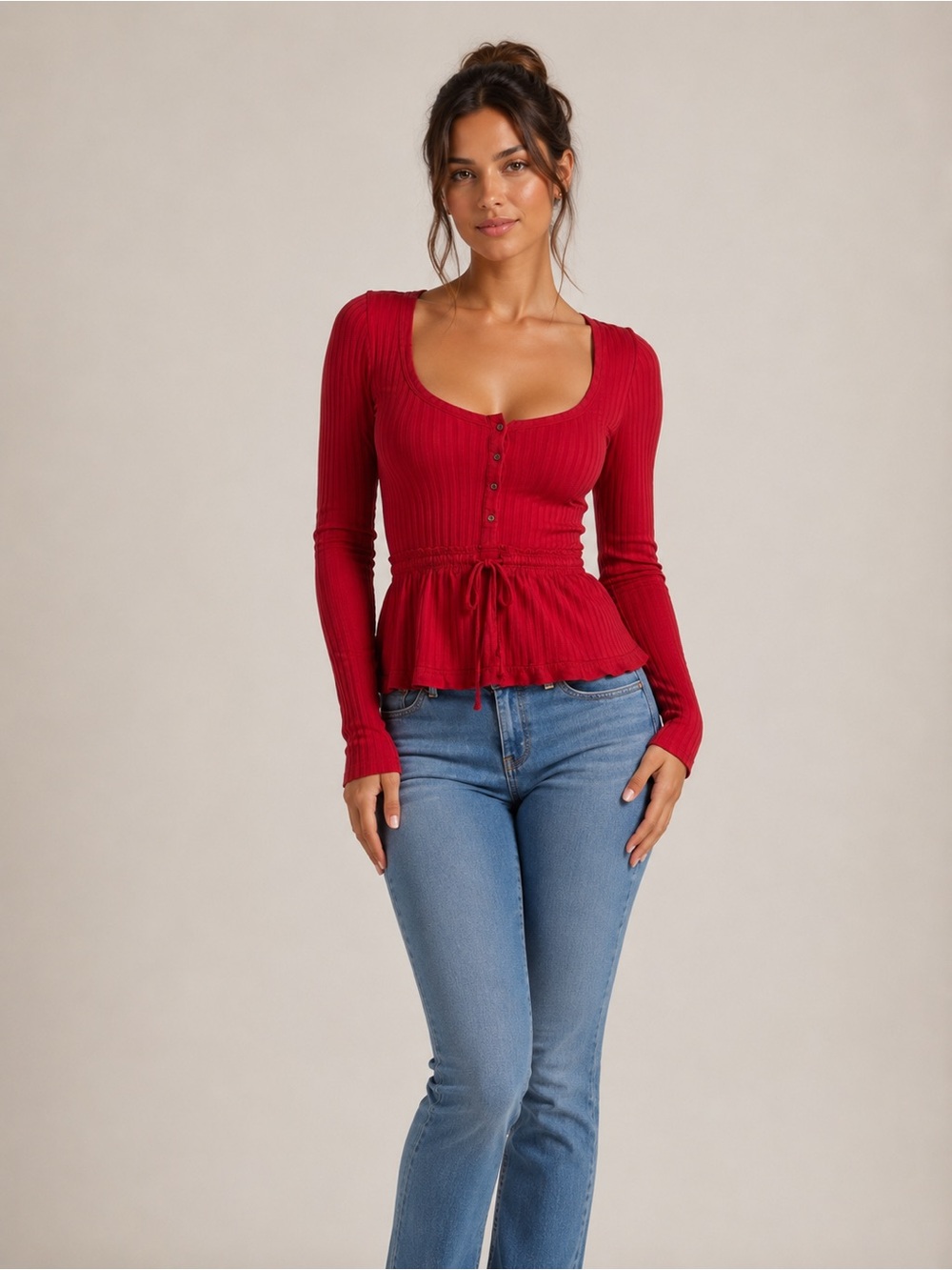 Anthropologie Pilcro Babydoll Women's Red Ribbed Scoop Neck Button-Front Top